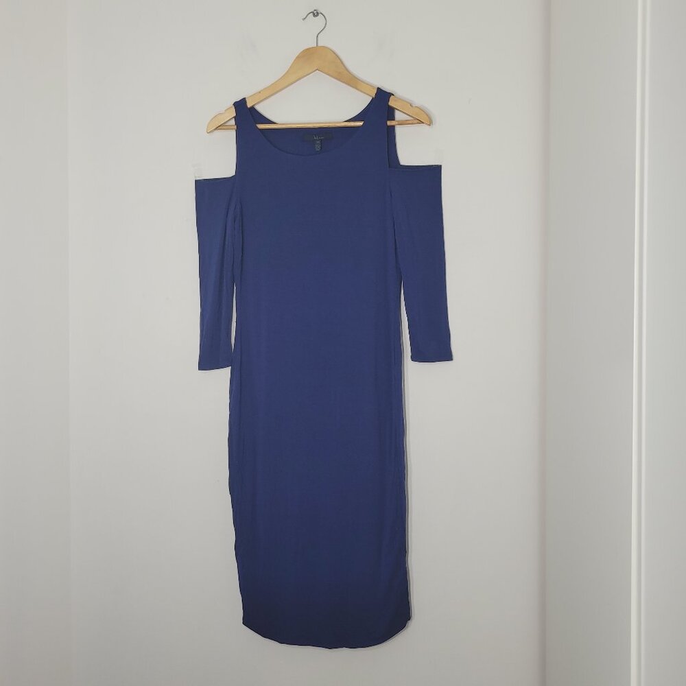 J&L Studio Women's Navy Blue Cold-Shoulder 3/4 Sleeves Bodycon Midi Dress Medium
